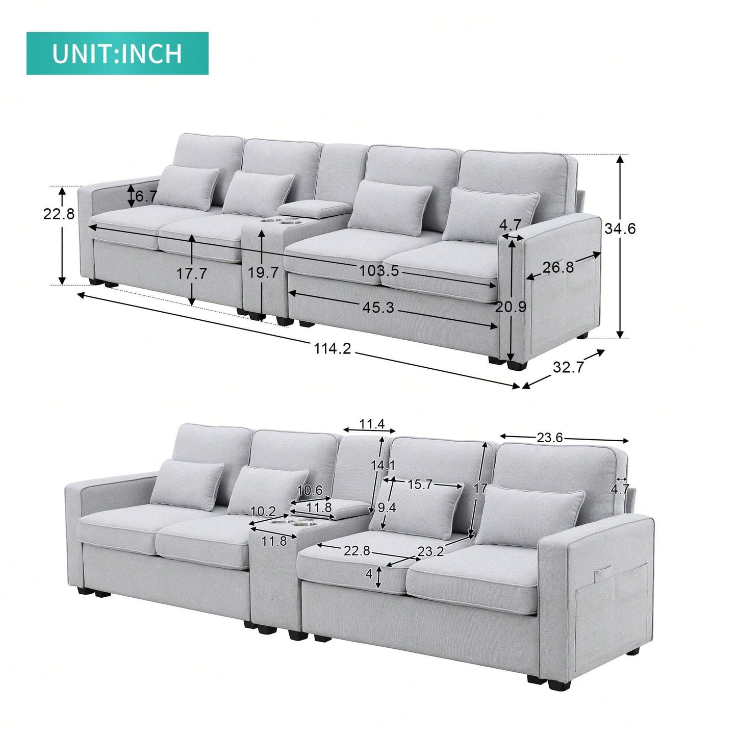 LILA 114" SOFA- LIGHT GRAY