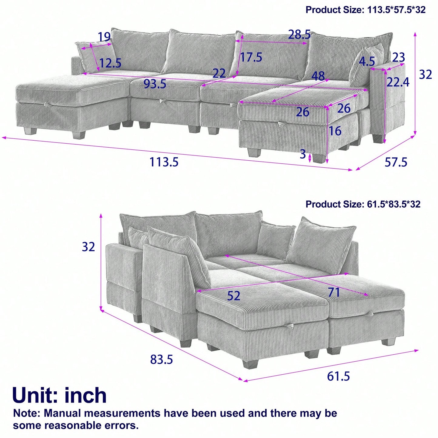 LENNOX 113" SECTIONAL - GRAY