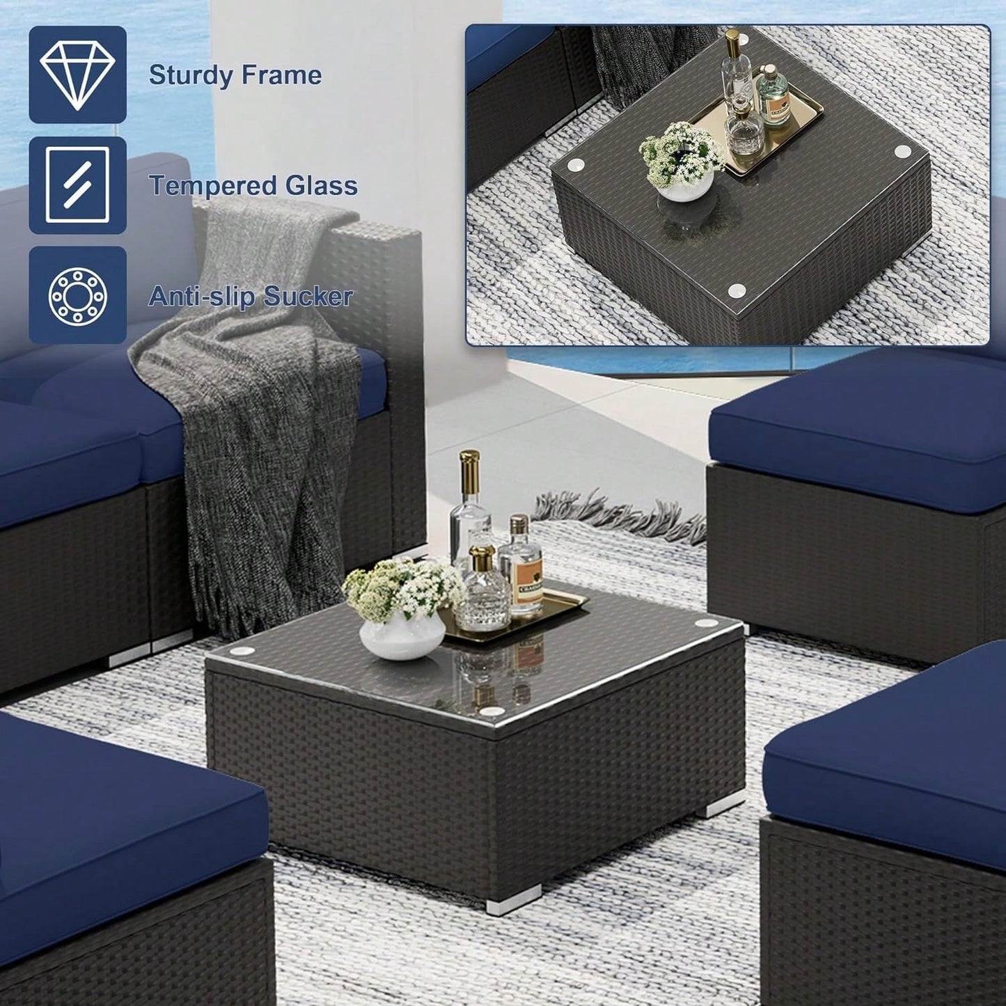 SAVANNA 7-PIECE OUTDOOR LOUNGE SET - BROWN / NAVY BLUE