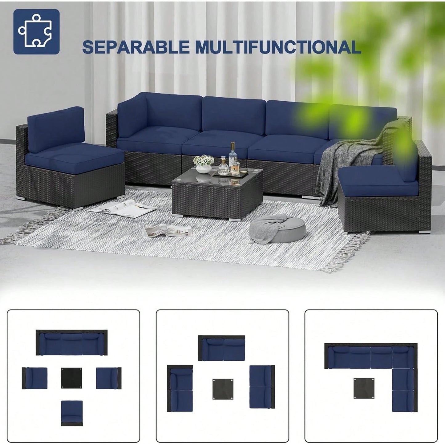 SAVANNA 7-PIECE OUTDOOR LOUNGE SET - BROWN / NAVY BLUE