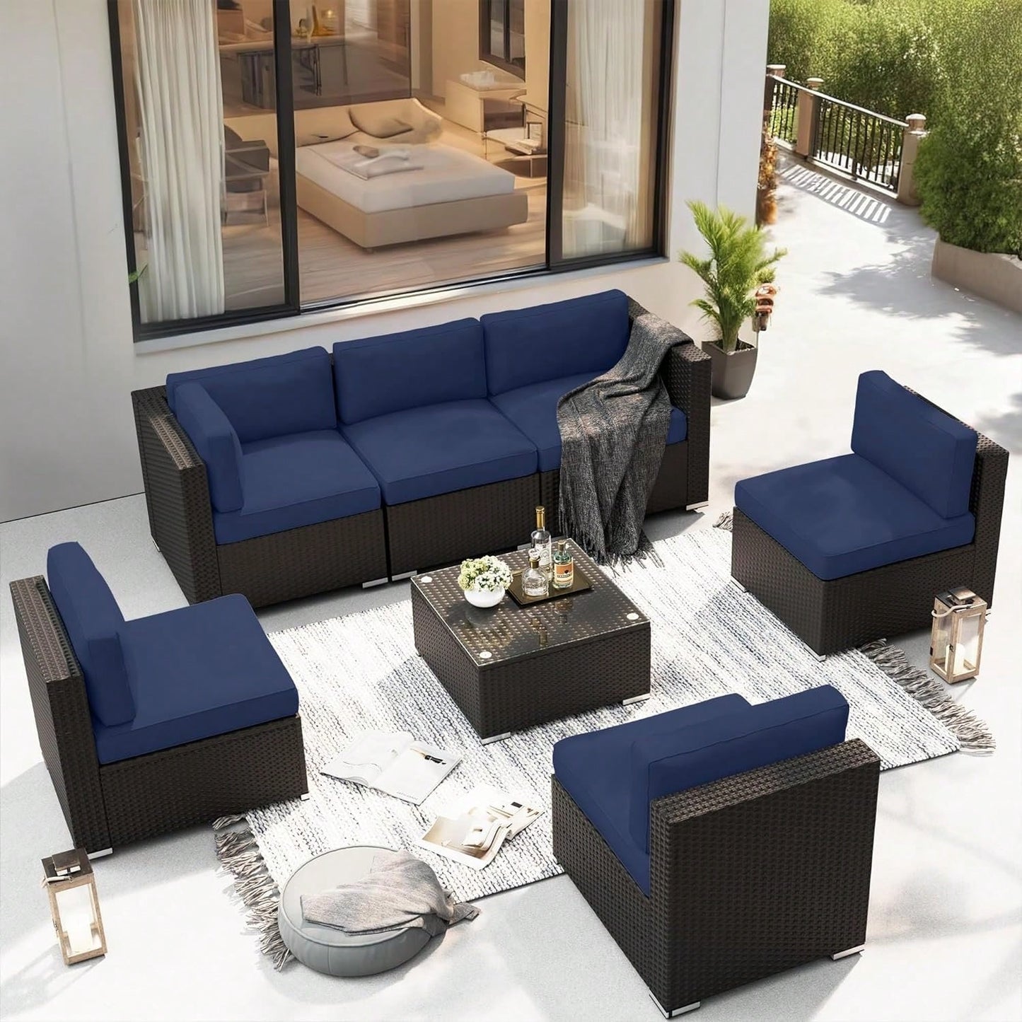 SAVANNA 7-PIECE OUTDOOR LOUNGE SET - BROWN / NAVY BLUE