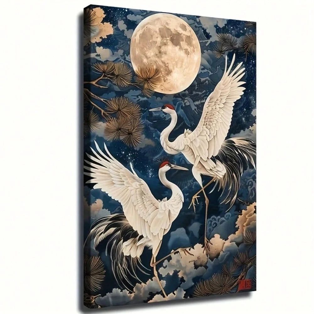 MOONLIT CRANES CANVAS WALL ART