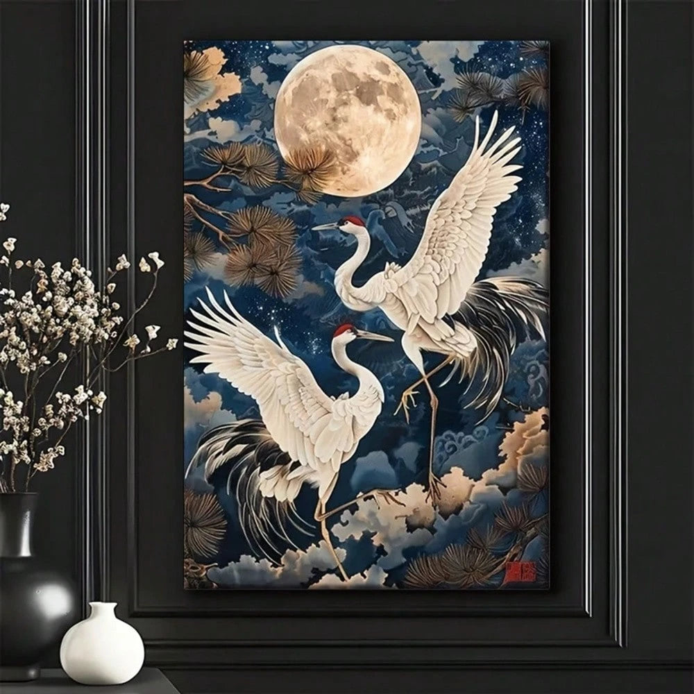 MOONLIT CRANES CANVAS WALL ART