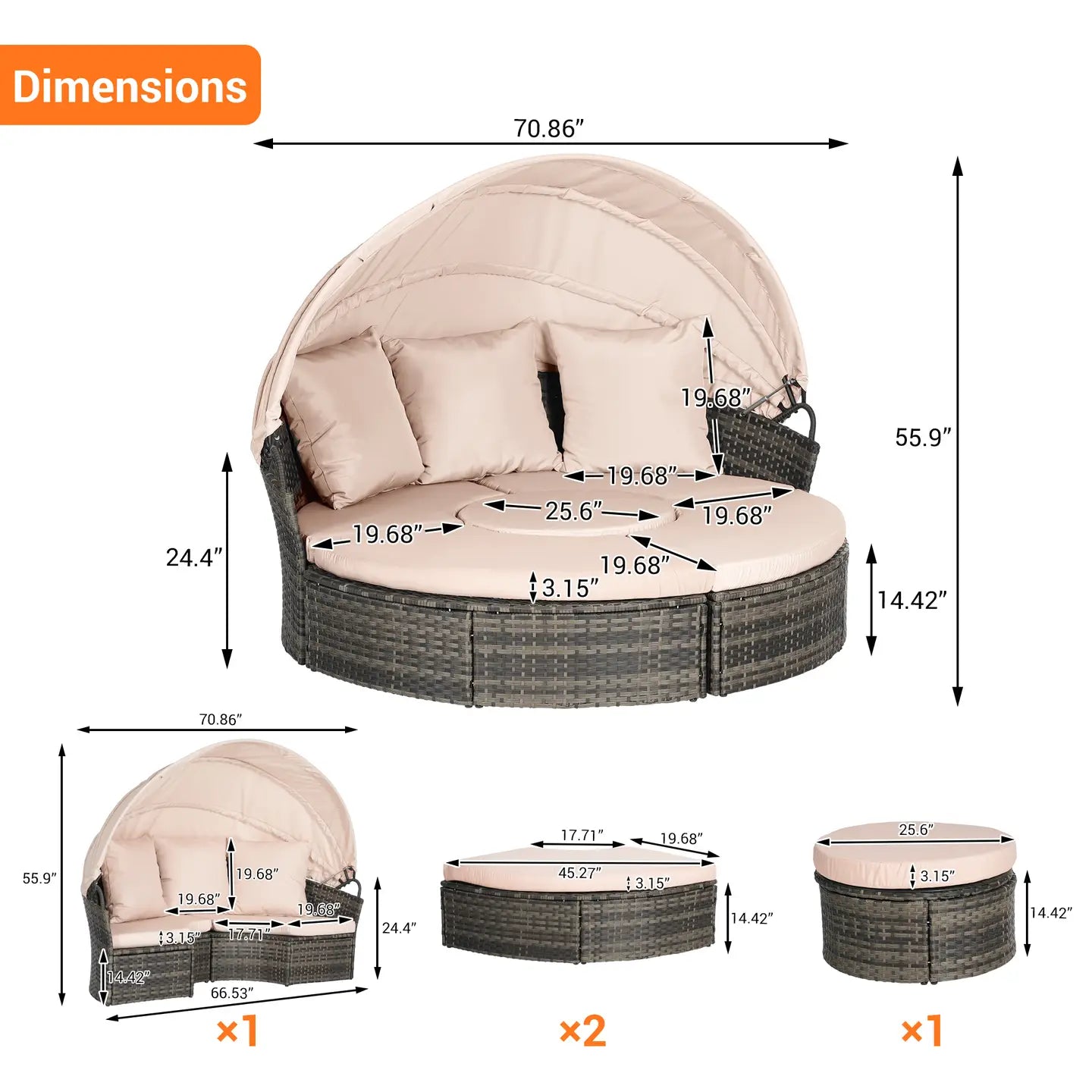CATALINA OUTDOOR DAY BED - GRAY / BEIGE