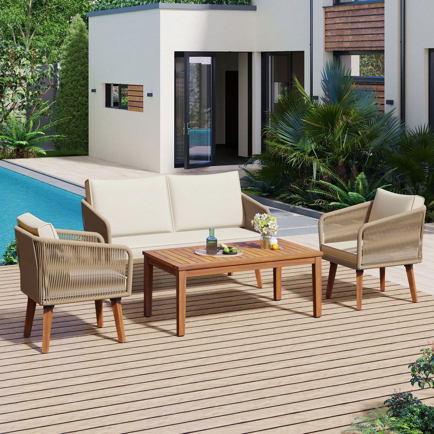 SORAYA 4 PIECE OUTDOOR LOUNGE SET - BEIGE / BEIGE