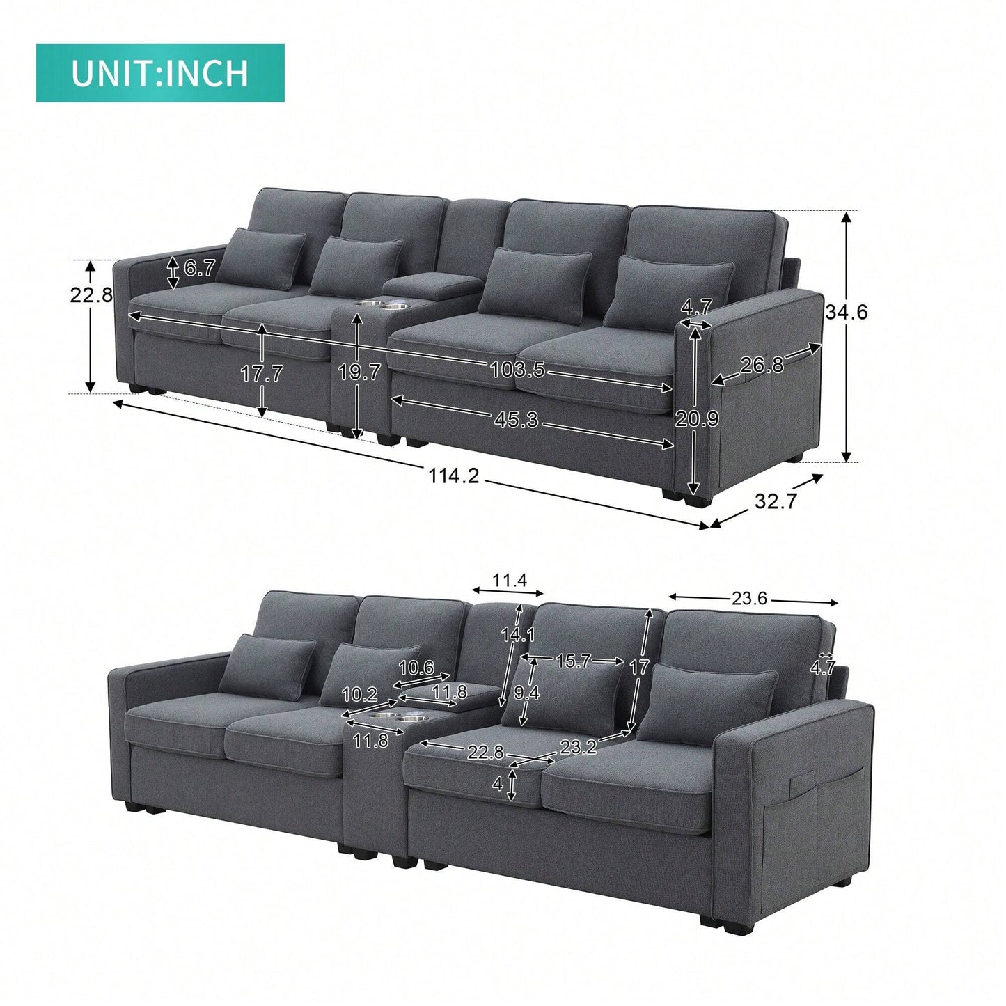 LILA 114" SOFA- DARK GRAY