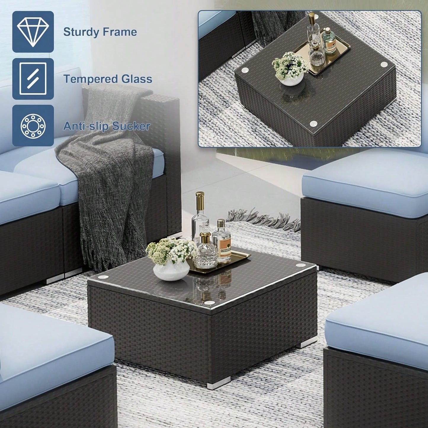 SAVANNA 7-PIECE OUTDOOR LOUNGE SET - BROWN / LIGHT BLUE
