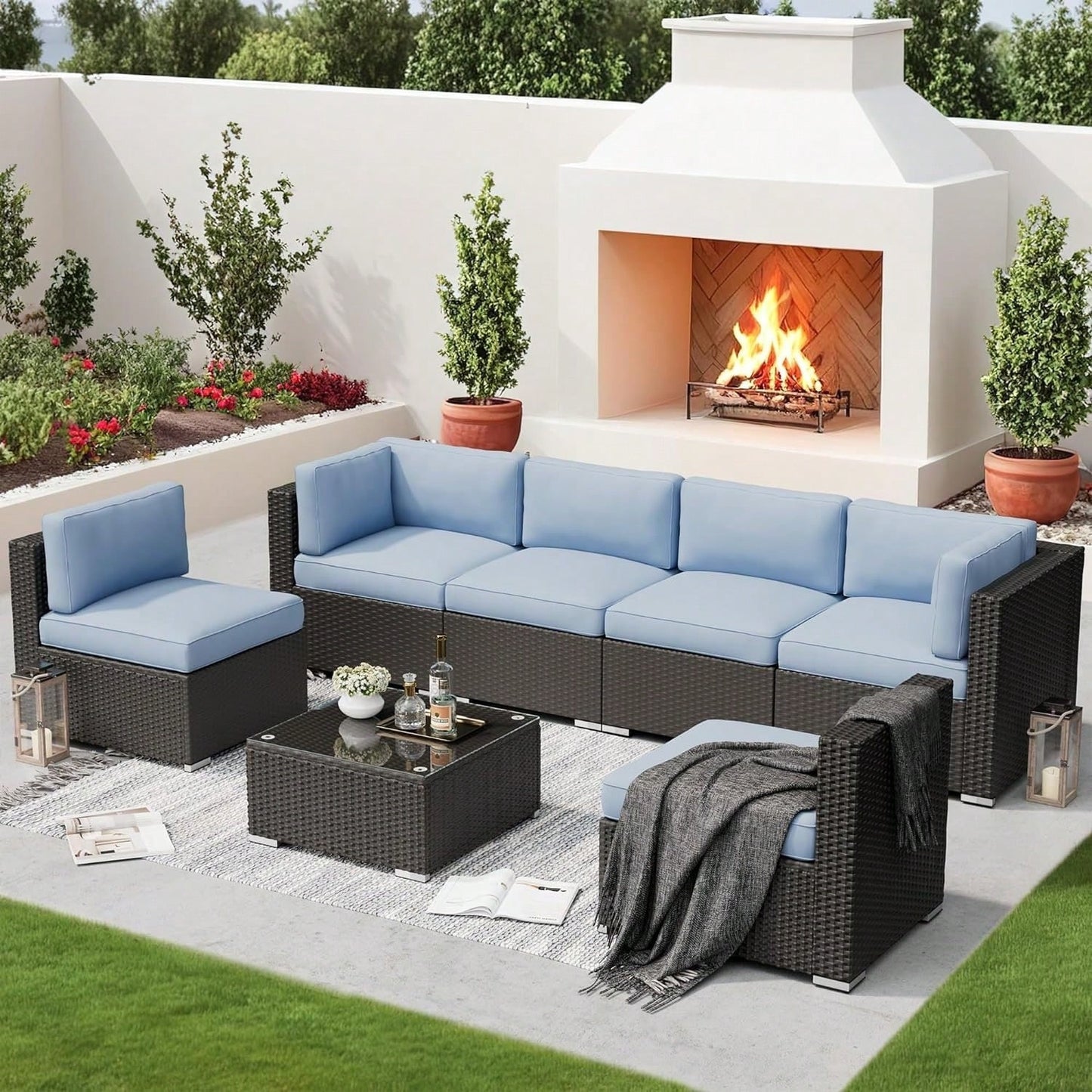 SAVANNA 7-PIECE OUTDOOR LOUNGE SET - BROWN / LIGHT BLUE