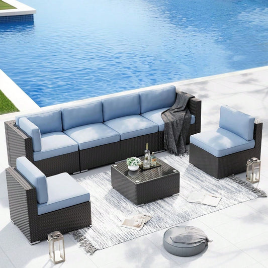 SAVANNA 7-PIECE OUTDOOR LOUNGE SET - BROWN / LIGHT BLUE