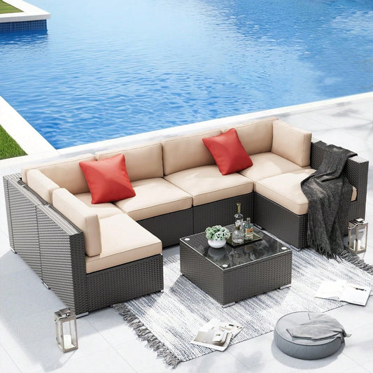 SAVANNA 7-PIECE OUTDOOR LOUNGE SET - BROWN / BEIGE
