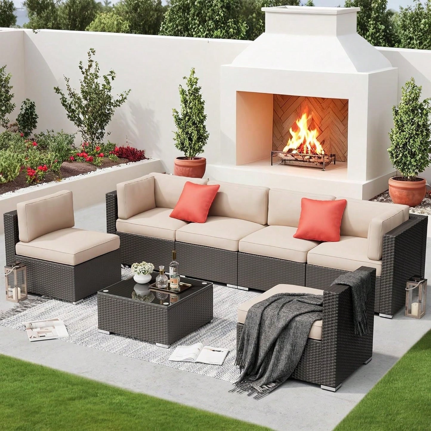 SAVANNA 7-PIECE OUTDOOR LOUNGE SET - BROWN / BEIGE