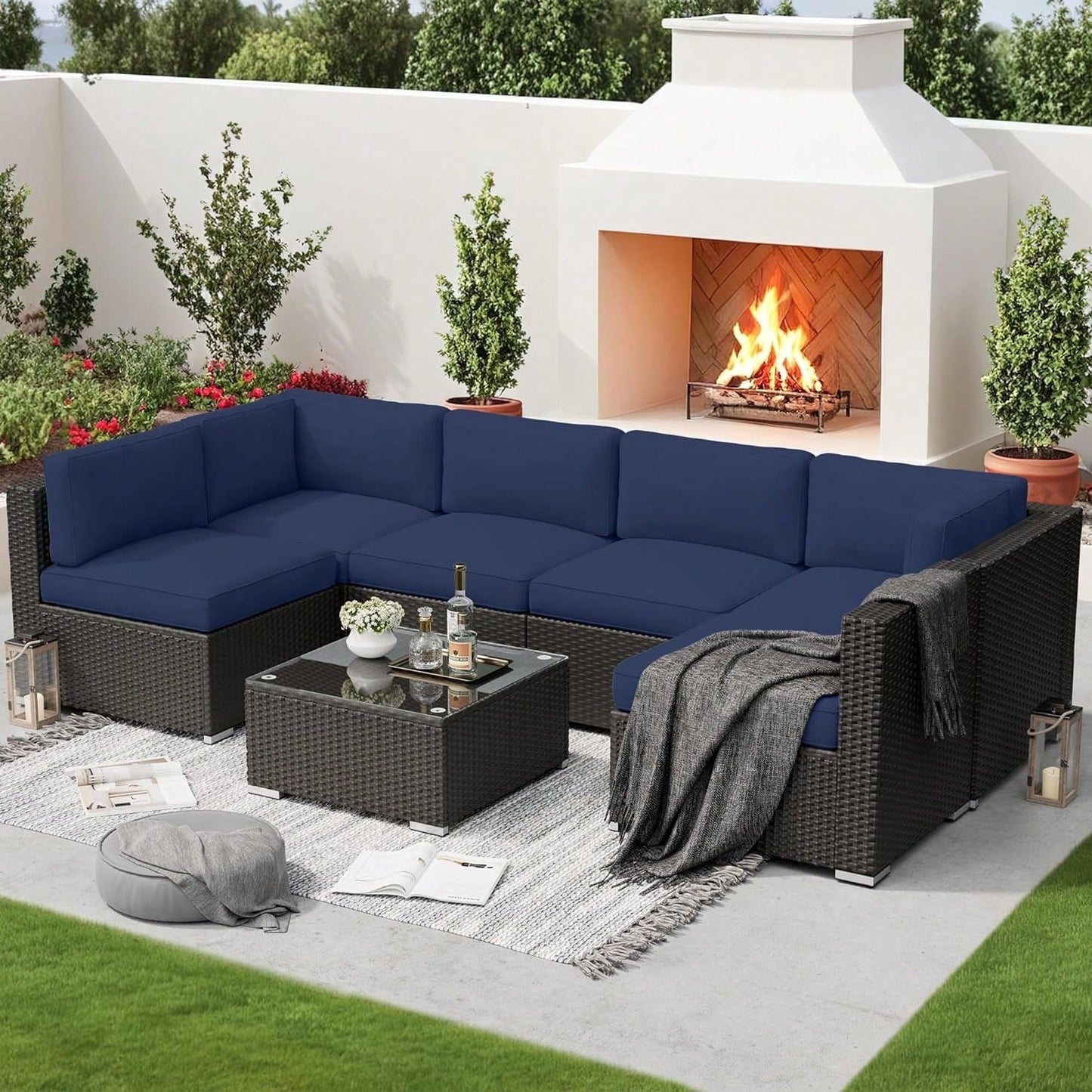 SAVANNA 7-PIECE OUTDOOR LOUNGE SET - BROWN / NAVY BLUE