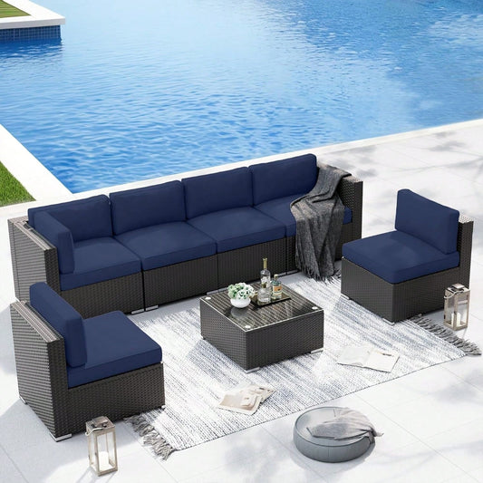 SAVANNA 7-PIECE OUTDOOR LOUNGE SET - BROWN / NAVY BLUE