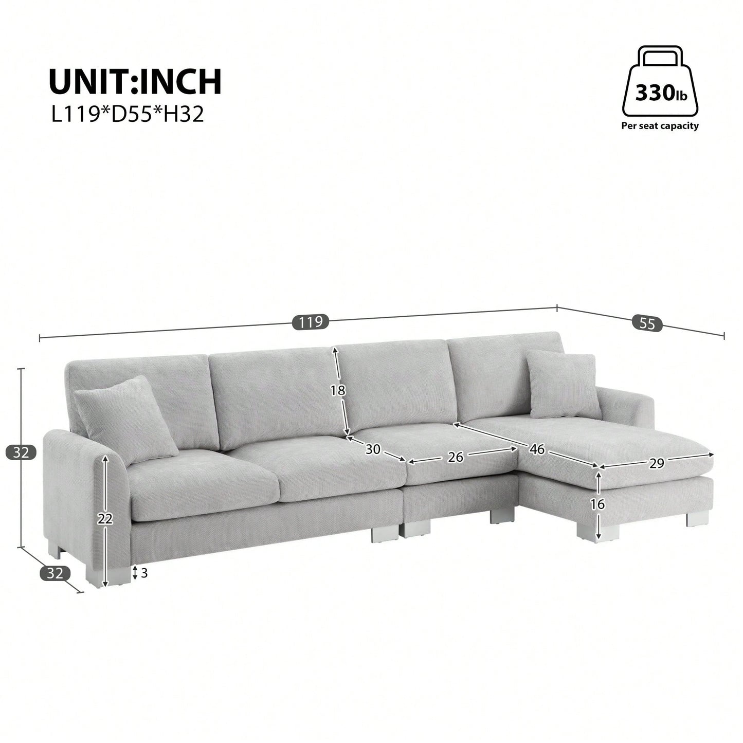 LAYLA 119" SECTIONAL - LIGHT GRAY