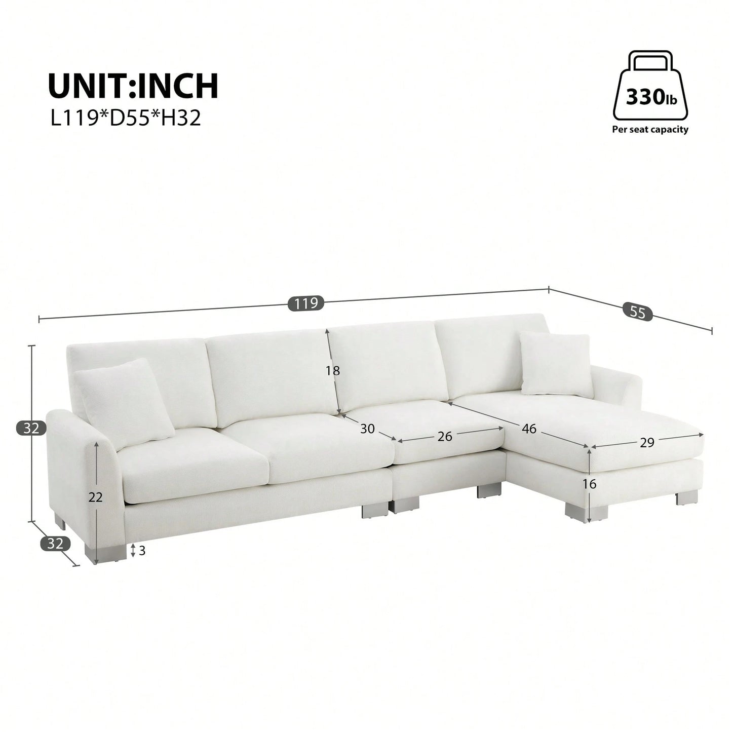 LAYLA 119" SECTIONAL - WHITE