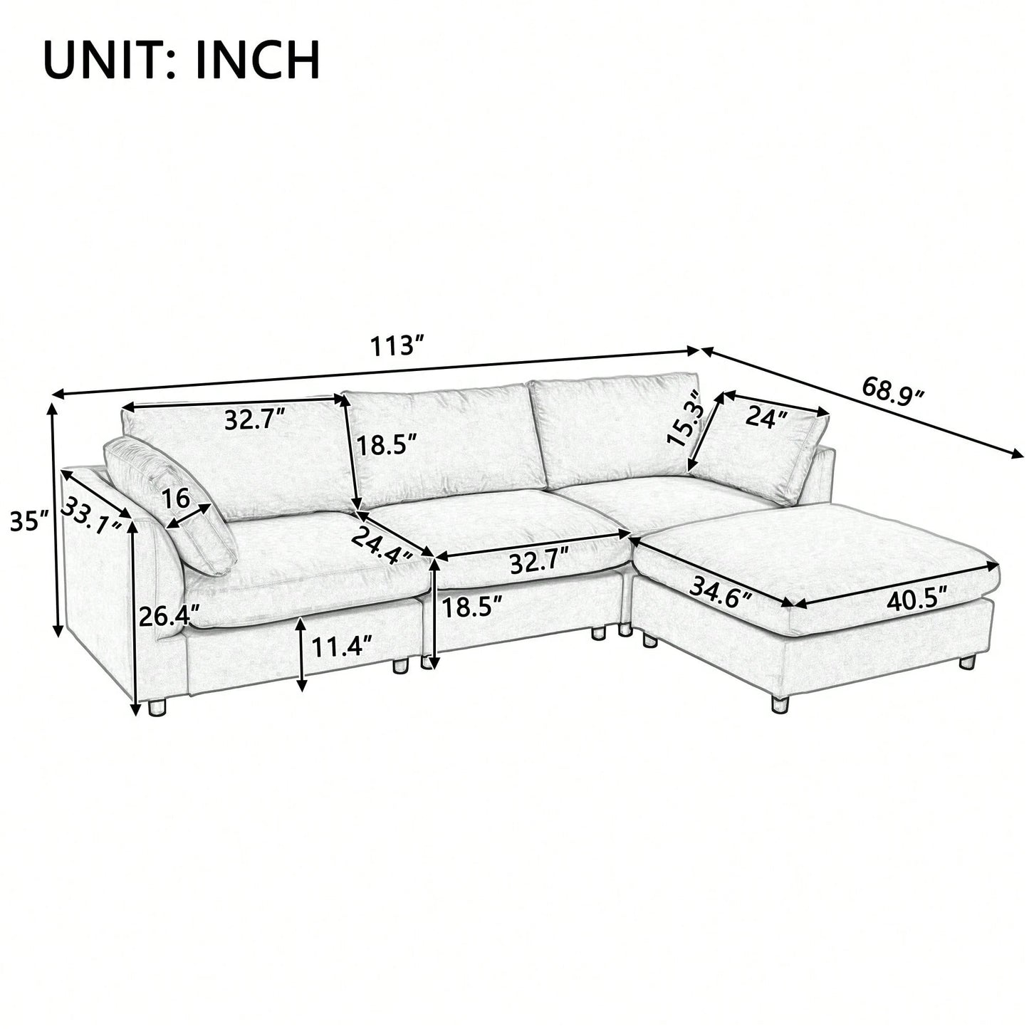 LORA 113" SOFA w/ OTTOMAN - BEIGE