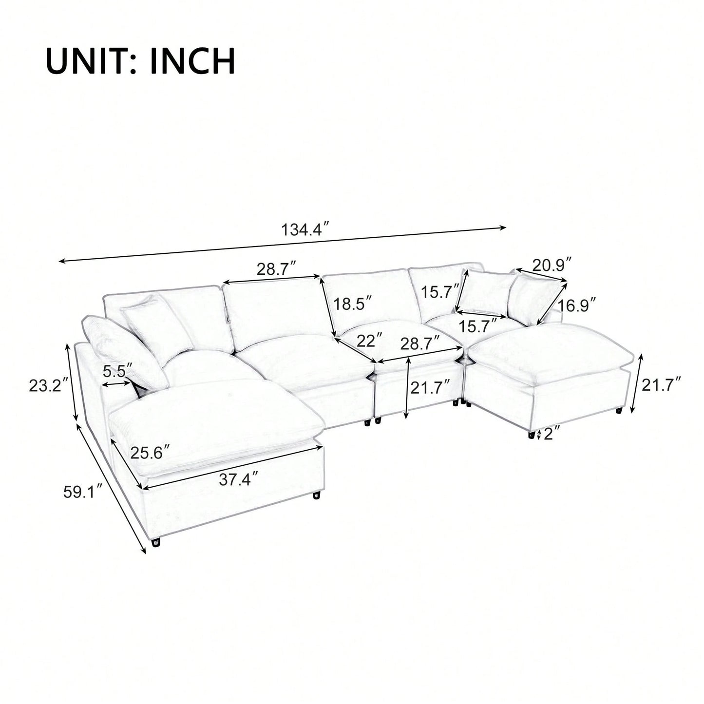 LORA 134" SOFA w/ OTTOMANS - BEIGE