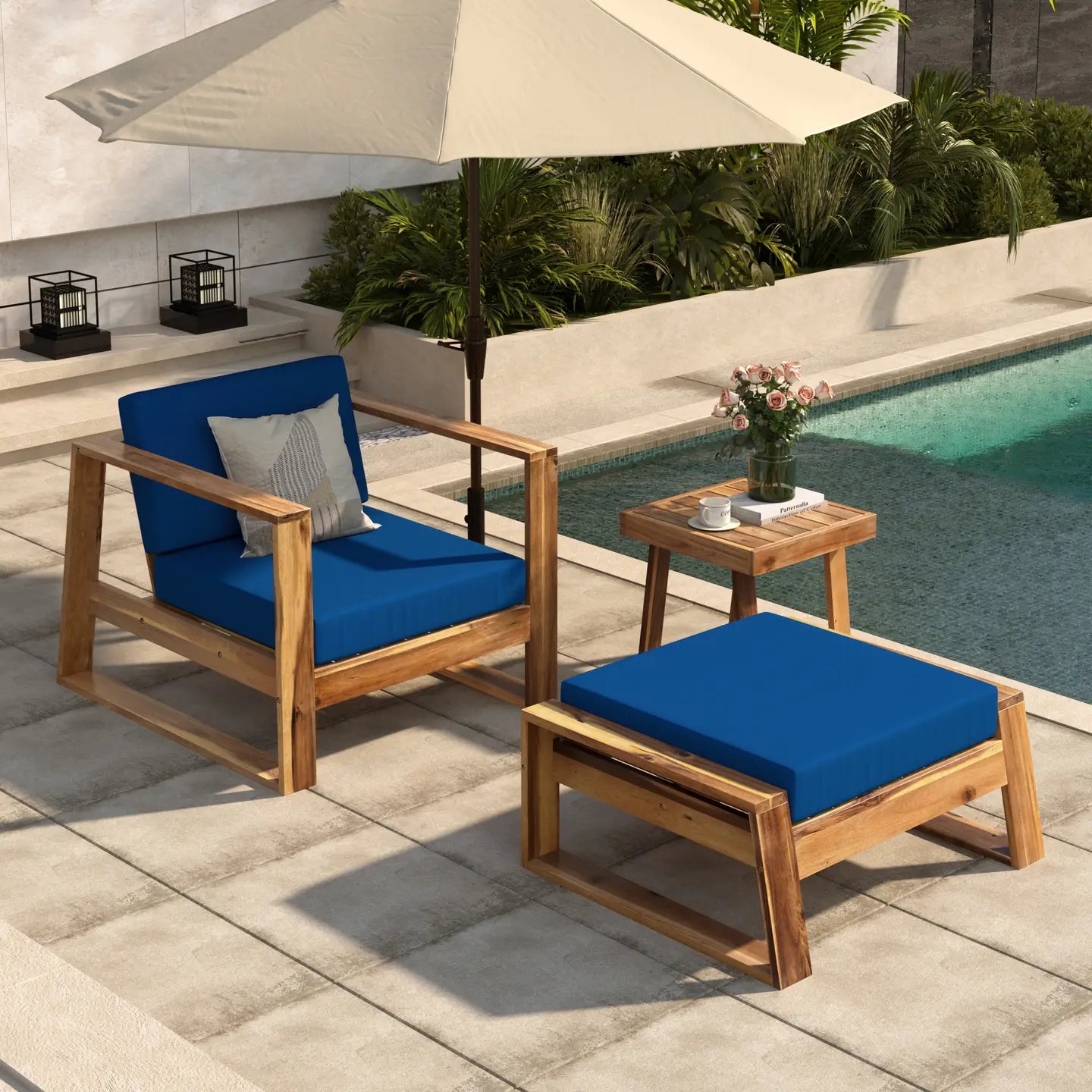 AVA 3-PIECE OUTDOOR LOUNGE SET 
 - NATURAL / BLUE
